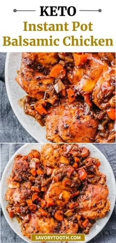 keto instant pot balsamic chicken on a white plate with text overlay