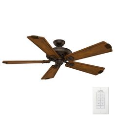 a ceiling fan with three wooden blades and a remote control for the light on it