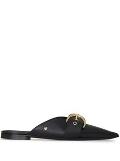 black lambskin gold-tone hardware decorative buckle detail pointed toe branded footbed open back Anine Bing, Mule Clogs, Mules Shoes, Open Back, Gold Tones, Buckle, Women Shoes, Luxury Fashion, Leather