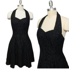 Vintage 1980s Positively Ellen black lace open back halter dress with sweetheart neckline and tulle underskirt. Vintage Talon zipper. Union made in USA. Marked size 10, see measurements for best modern fit. As a vintage piece, may show signs of normal wear and use consistent with age. In gently preowned condition, no flaws noted.  Measurements are approximate, lying flat.  16" Bust pit to pit 14.5" Across the waist 35" Length shoulder to hem Fitted Halter Dress With Sweetheart Neckline, Black Dresses Hoco, Fitted Halter Dress With Back Zipper For Party, Vintage Backless Party Dress, Fitted Lace Halter Neck Dress, Retro Halter Neck Party Dress, Coquette Style Lined Party Dress, Coquette Lined Party Dresses, Fitted Lace Halter Dress For Party