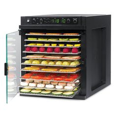 a display case filled with lots of different types of food in front of a white background