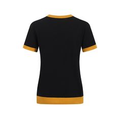 - Knitted Top- 100% cotton yarn- Unlined- Regular fit- Machine washable Fabric & Care- Delicate Machine Wash at 30 degrees(86℉) with similar colors.- Iron inside out on low temperature.- Store flat.- Do not tumble dry.- Do not bleach. Black T-shirt With Contrast Color In Relaxed Fit, Casual Stretch T-shirt With Contrast Color, Black Stretch Color Block T-shirt, Black Tops With Contrast Color And Relaxed Fit, Black Relaxed Fit Top With Contrast Color, Sporty Crew Neck Tops With Contrast Trim, Black Cotton T-shirt With Contrast Color, Black Crew Neck T-shirt With Contrast Trim, Stretch Cotton Top With Contrast Trim