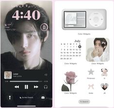 a cell phone with an image of a man on the front and back side, next to a calendar