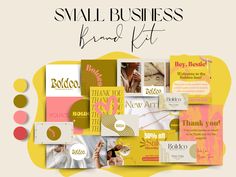 the small business brand kit is displayed on a yellow and pink background with gold accents