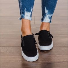 Black Slip On Sneakers With Side Zippers. Tan Sneakers, Black Slip On Sneakers, Keds Style, Jazz Shoes, Hightop Sneakers, Black Slip On, Hey Dude, Grey Sneakers, Grey Shoes