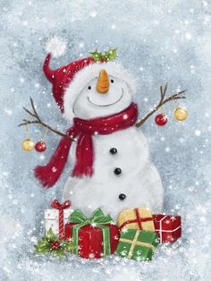 a snowman wearing a red hat and scarf with presents under it in the snow