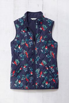 Brilliant birds and snow-dusted holly on our lightweight quilted vest – with enhanced elastic at the back waist for shaping, and a great everyday length. Zip front, with a fabric zipper guard at the neck to protect your chin. Side pockets plus two inside pockets. Lightweight Quilt, Quilted Vest, Coldwater Creek, All Seasons, Inside Pocket, Birds, Relaxed Fit, Elastic, Zipper