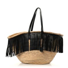 This is an authentic SAINT LAURENT Calfskin Raffia Panier Fringe Tote in Black. This chic tote is crafted of natural woven straw with black leather top handles and fringe hanging from the edges. The bag has an open top and a spacious natural woven straw interior with a hanging leather zipper pocket. Luxury Black Straw Bag For Summer, Luxury Black Summer Straw Bag, Luxury Black Straw Bag With Braided Handles, Black Woven Leather Straw Bag, Chic Black Straw Bag With Woven Leather, Black Leather Straw Bag With Braided Handles, Black Leather Straw Bag For The Beach, Elegant Black Woven Leather Straw Bag, Black Woven Leather Straw Tote Bag