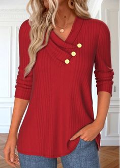 Color:Red;Size:S;Size:M;Size:L;Size:XL;Size:XXL;Package Contents:1 X T Shirt;Occasion:Other;Style:Casual; Red 3/4 Sleeve Tops For Spring, Elegant Dresses Plus Size, Cheap Red Button-up Sweater, Casual Red V-neck Cardigan, Red Stretch Tops With 3/4 Sleeves, Red Stretch V-neck T-shirt, Womens Trendy Tops, Shirt Tunic Top, Plain Tops