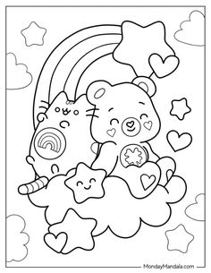 a coloring page with two teddy bears and a rainbow in the sky, surrounded by hearts