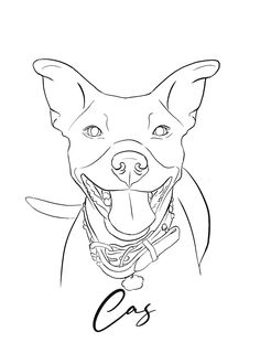 a black and white drawing of a dog with its mouth open, smiling at the camera