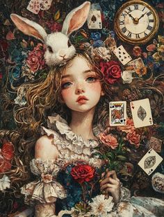 a painting of a girl with flowers in her hair and a clock on the wall behind her