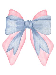 a watercolor drawing of a pink and blue bow