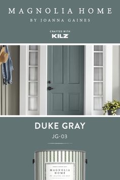 the front door is painted gray and there are pictures of doors in different colors on it