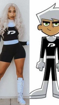 the cartoon character is dressed in black and white, while she appears to be wearing short shorts