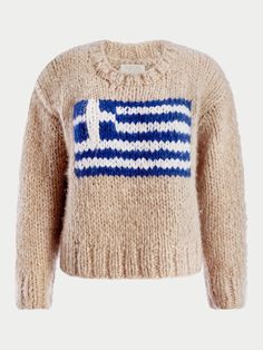 Greek flag contrasted on a neutral knit background, a simple crew neck, full length sleeves and ribbed waistline, hand-knitted sweater. This item is made to order. Please allow 4-6 weeks to receive the tracking information for your order. Please note that hand knit cashmere is eligible for store credit only. | Suzie Kondi Greek Flag Jooshi Sweater in Cashmere | Coast-Dorset | Women's X-Small Suzie Kondi, Greek Heritage, Greek Flag, Simple Chic, Island Style, Greek Island, Simple Beauty, Working Hard, Knitted Sweater