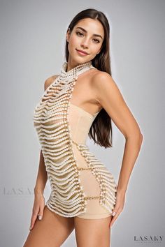 Lasaky - Elegance Defined: Eleanore Halterneck Pearl Mini Dress Elegant High Neck Beach Dress, Elegant High Neck Dress For Beach, Elegant High Neck Beige Dress, Elegant Beige High Neck Dress, Beige Halter Neck Party Dress, Beige Halter Neck Mini Dress For Party, Elegant Beige High Neck Mini Dress, Pearl Size Chart, Pearl Mini Dress