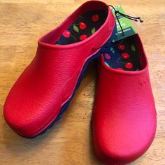 Nwt Garden Line Garden Clogs, Fun Removable Insoles With Cherry Design. Red And Navy Blue, Do Comfortable, Easy To Clean If Dirty Very Nice Clogs Size 7/8 Waterproof Round Toe Clogs For Spring, Red Non-slip Clogs With Round Toe, Red Synthetic Clogs With Rubber Sole, Red Closed Toe Synthetic Clogs, Red Slip-on Synthetic Clogs, Comfortable Red Clogs With Round Toe, Red Non-slip Synthetic Clogs, Red Synthetic Clogs With Cushioned Footbed, Red Synthetic Comfortable Clogs