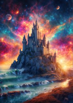 an image of a castle that is in the sky with clouds and stars above it