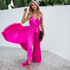 Women Fashion Surplice Plain Maxi Dress – ebuytrends Chiffon V-neck Jumpsuits And Rompers For Party, Summer Chiffon V-neck Jumpsuit, Elegant Pink Jumpsuits And Rompers For Summer, Pink Maxi Dress For Summer Evenings, Summer Chiffon V-neck Jumpsuits And Rompers, Floor-length Pink Summer Dress, Elegant Pink Beach Jumpsuits And Rompers, Sleeveless Chiffon Jumpsuit For Spring, Elegant Pink Jumpsuit For The Beach