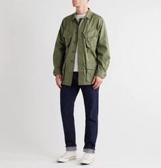 Army green Cotton-Ripstop Field Jacket | OrSlow | MR PORTER Luxury Men's Selvedge Denim Jacket, Green Jacket Outfit, Denim Outfit Men, Jeans Outfit Men, Mens Fashion Work, Selvedge Denim Jeans, Layering Outfits