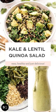 kale and lentil quinoa salad with avocado dressing on the side