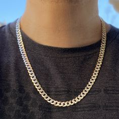 Mens Miami Cuban Link two-tone chain. Measures 24" inches long x 8 mm thick. Solid 925 sterling silver w/14k gold plating. 2-tone diamond-cut design on one side. Plain & elegant flat plated on the other side. It's reversible so you can wear on either side. Electroplated 14K gold for the two-tone look. 100% SILVER - not brass or stainless steel. Nice solid weight to it at approx. 40 grams. Stamped 925 and Italy on lobster claw lock. Stunning piece looks like a million bucks. Superior quality neck White Gold Cuban Link Chain Necklace With Polished Finish, Silver Cuban Link Necklace With Curb Chain For Anniversary, Silver Cuban Link Necklace In 14k Gold, 14k Gold Silver Necklace With Curb Chain, Yellow Gold Cuban Link Chain Necklace With Diamond Cut, Cuban Link Curb Chain Necklace For Anniversary, Cuban Link Chain Necklace With Diamond Cut For Anniversary, Anniversary Cuban Link Chain Necklace With Diamond Cut, Elegant Flats