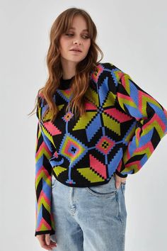 🌷Women knit sweater with geometric Boho print. You will be delighted with this sweater in Boho style. Very easy to match with skirts or pants, including jeans. MORE items : https://www.etsy.com/shop/ArtVyshyvankaUA?ref=seller-platform-mcnav§ion_id=39927440 ----------------------------------------------------------------------------------------------------- 🌷Machine knitting. Fabric: cotton 50%, 50% acryl ----------------------------------------------------------------------------------------------------- 🌷ONE SIZE OVERSIZE Measurements of the item: -Chest width - 55 cm / 21.6 in -Back length - 52 cm / 20.4 in -The length of the sleeve from the neck is 54 cm / 21.2 in ----------------------------------------------------------------------------------------------------- 🌷CARE: Please, was Multicolor Acrylic Bohemian Sweater, Oversized Multicolor Knitted Sweater, Oversized Multicolor Wool Sweater, Oversized Rainbow Casual Sweater, Oversized Multicolor Retro Sweater, Baggy Sweater, Baggy Sweaters, Sweater Oversized, Slouchy Sweater