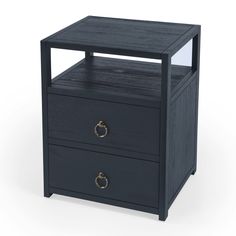 a black night stand with two drawers