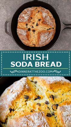 irish soda bread in a cast iron skillet with text overlay that reads, irish soda bread