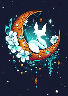 the rabbit is sleeping on the moon with flowers