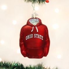 an ornament hanging from a christmas tree with lights in the background and a red hoodie on it