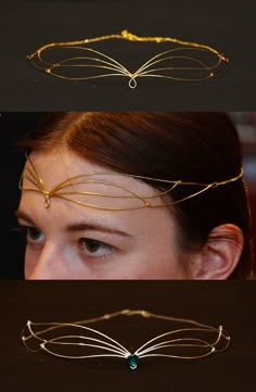 three different views of the same woman's face with gold wire on her head