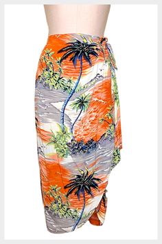 This cute vintage 1980s/1990s Sue Wong sarong wrap tropical print skirt features a side tie and side button closure (4 buttons) with a fabric waterfall down the left hip. Constructed from flowy rayon, the fabric is vibrant with tropical scenes of palm trees, sea gulls and ocean. Frontal overlap with hidden button inside.  The label says large; I have it shown on a modern size 6 - 8 mannequin and clipped it to the mannequin for style purposes. Great for the beach, pool, or patio. It is not lined. Sarong Wrap Skirt, Tropical Print Skirt, Sea Gulls, Pool Wear, Sarong Wrap, Sue Wong, Resort Pools, Beach Wrap, Skirt Vintage