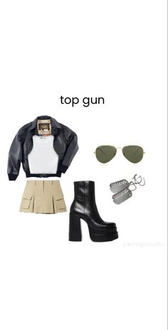 an image of a woman's outfit with sunglasses, boots and jacket on it