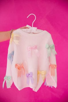 MINI KIDS PASTEL BOWS SWEATER SWEATER Judith March Long Sleeve Sweater With Bow For Spring, Spring Long Sleeve Sweater With Bow, Playful White Sweater For Spring, Kawaii Sweaters, Sweater With Bows, Bow Clothing, Pastel Clothing, Fairy Kei Fashion, Bow Craft