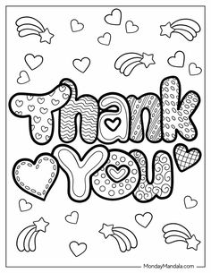 the word thank you with hearts and arrows in black and white, on a coloring page