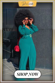 Long Sleeve V-neck Plus Size Wide Leg Jumpsuit Dark Green Jumpsuit Plus Size, Fitted Wide-leg Dark Wash Jumpsuits And Rompers, Green V-neck Jumpsuits And Rompers For Night Out, Green V-neck Jumpsuit For Work, Green V-neck Jumpsuits For Night Out, Stretch Solid Color V-neck Jumpsuits And Rompers, Stretch V-neck Jumpsuit With Solid Color, Chic Green V-neck Jumpsuit, Green Fitted V-neck Jumpsuit