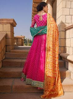 Designer Indian Mehndi Lehenga Bridal Attire Pink Dupatta With Dabka In Traditional Drape, Traditional Pink Dupatta With Dabka Embroidery, Green Banarasi Silk Dress With Dupatta, Pink Gown With Dupatta In Traditional Drape, Pink Jamawar Anarkali Set For Navratri, Pink Jamawar Sharara For Diwali, Diwali Pink Jamawar Sharara, Pink Navratri Gown With Dupatta, Pink Jamawar Sharara For Festivals