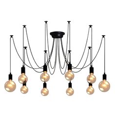 a chandelier with eight lights hanging from it's sides and several bulbs on the