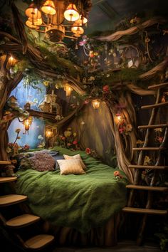 a bed with green sheets and pillows in a tree house like room that has stairs leading up to the ceiling