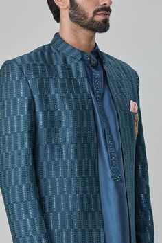 Teal blue sherwani with mirror, thread and sequins embroidery. Comes with pant and a kurta. - Aza Fashions Festive Designer Bandhgala With Mirror Work, Formal Bandhgala With Mirror Work, Blue Bandhgala With Mirror Work For Festive Occasions, Blue Bollywood Bandhgala With Mirror Work, Diwali Reception Nehru Jacket With Mirror Work, Blue Bandhgala With Mirror Work For Wedding, Wedding Blue Bandhgala With Mirror Work, Designer Bandhgala With Mirror Work For Eid, Festive Bandhgala With Mirror Work For Eid