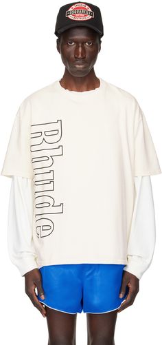 Cotton jersey T-shirt. · Rib knit crewneck · Logo printed at front Supplier color: Vtg white Off White Relaxed Fit Crew Neck Tops, Cream Logo Print Top For Streetwear, Cream Crew Neck Tops With Letter Print, Cream Letter Print Crew Neck Tops, Cream Graphic Tee With Crew Neck, White Graphic Print Crew Neck Tops, Cream Letter Print Crew Tops, White Short Sleeve Sweatshirt With Logo, White Short Sleeve Sweatshirt For Streetwear