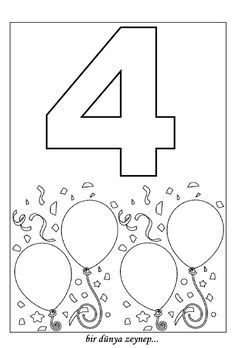 the number four with balloons and streamers coloring page