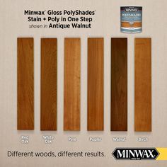 several different types of wood that are being used to paint the walls and floors with minwax glass polyshades stain + poly in one step shown in antique walnut