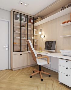 a computer desk sitting on top of a wooden floor next to a white chair and book shelf