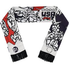 a white scarf with red and black designs on it