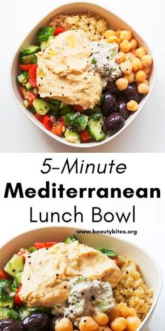 two bowls filled with different types of food and the words 5 - minute mediterranean lunch bowl