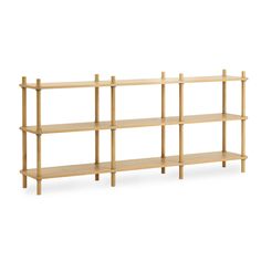 a wooden shelf with three shelves on each side