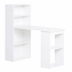 a white desk and bookcase against a white background